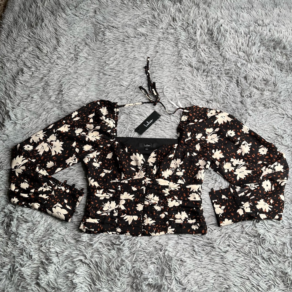 Lulus Top Women Small Chic Validation Black Floral Print Rouched Long Sleeve NWT